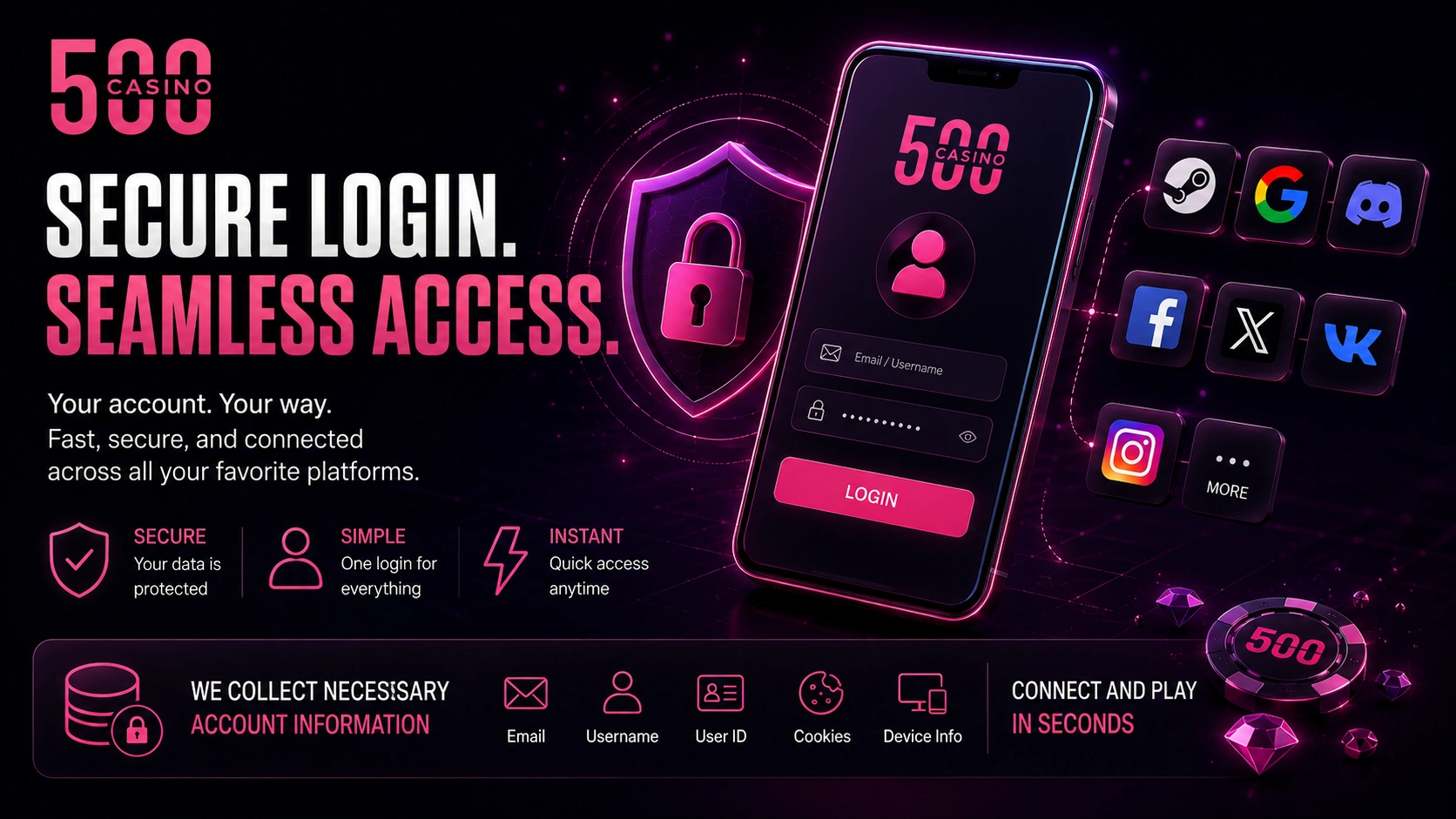 500 Casino login system with connected account access options