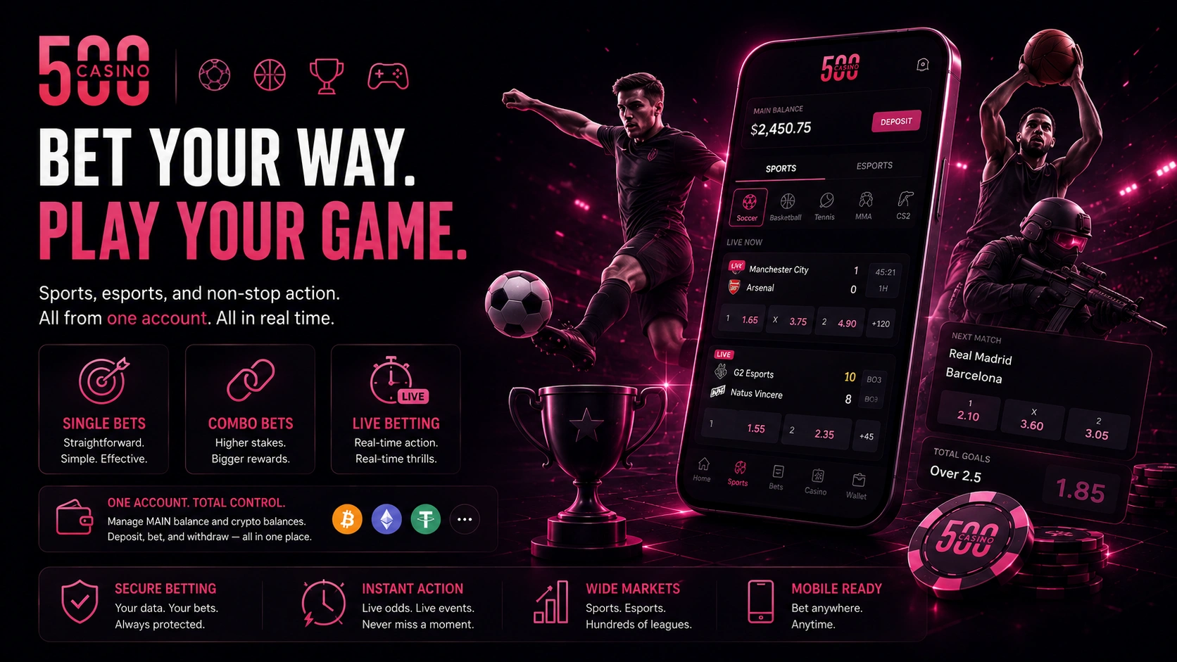 500 Casino sportsbook platform with live betting and esports action