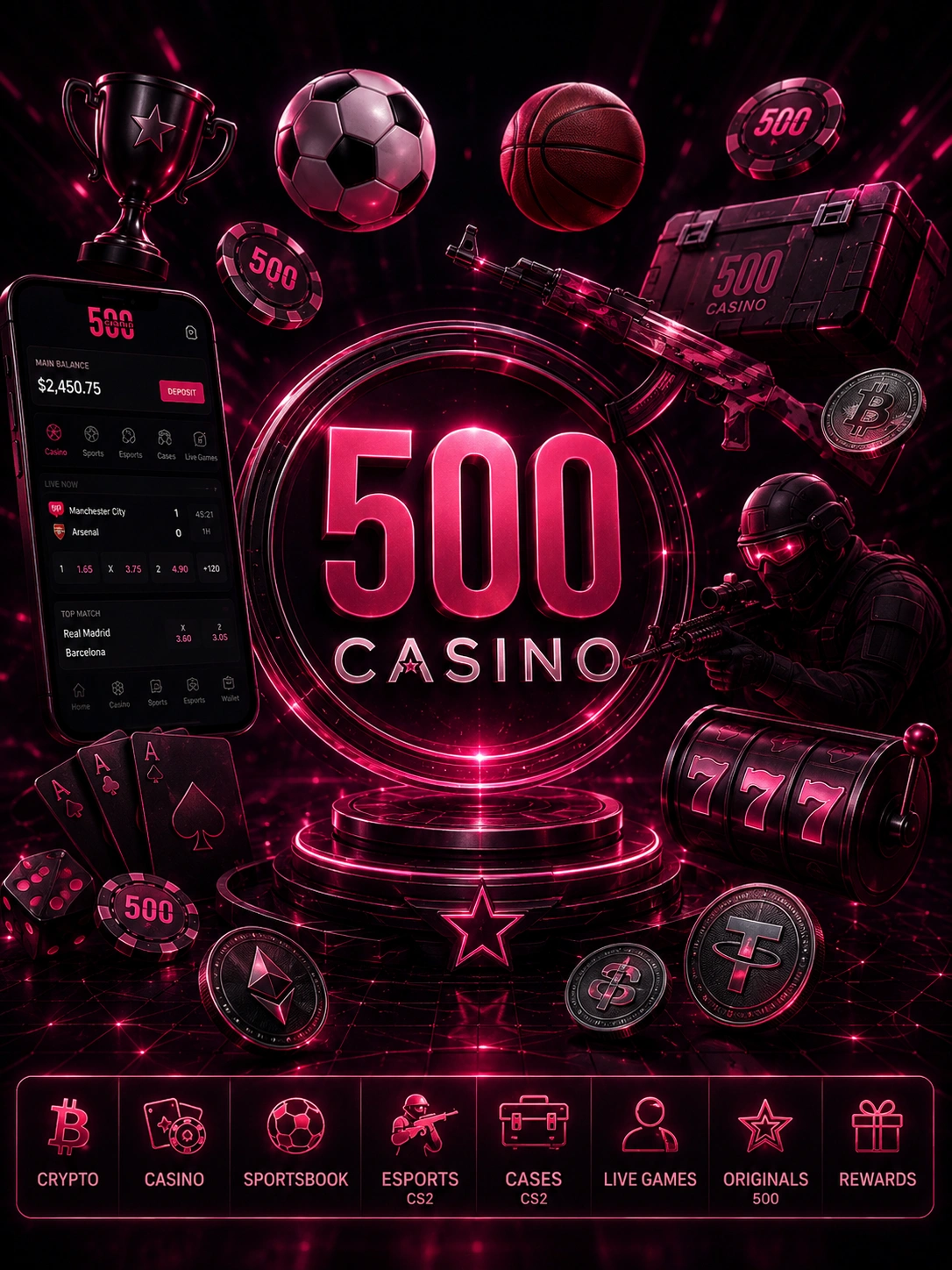 500 Casino gaming ecosystem with crypto betting and esports features